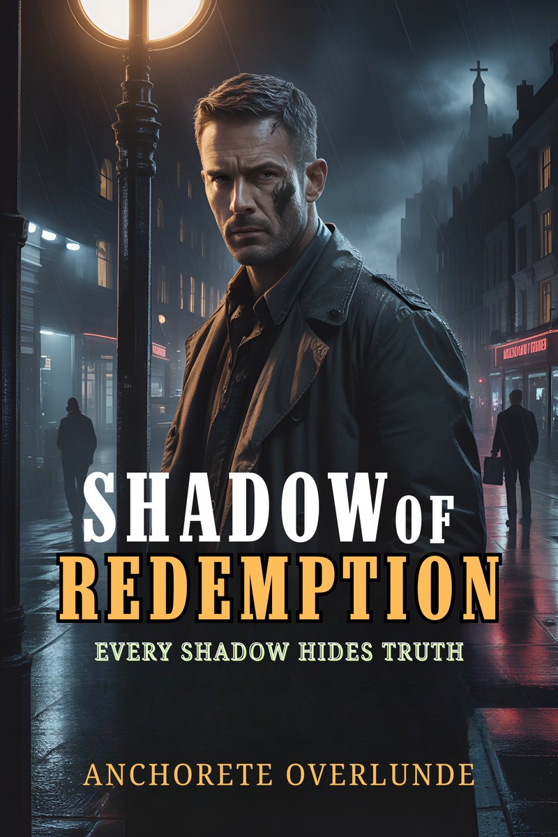 Shadow of Redemption book cover — a detective standing on a rain-soaked city street at night